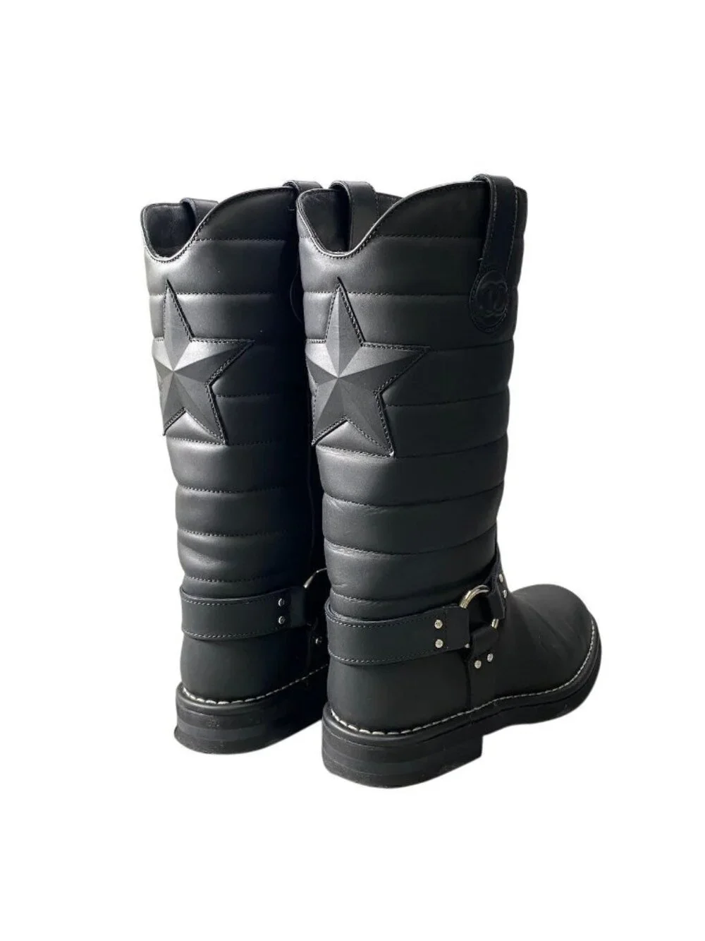 Chanel G7 Engineer Boots Star Motif Quilted Leather Black